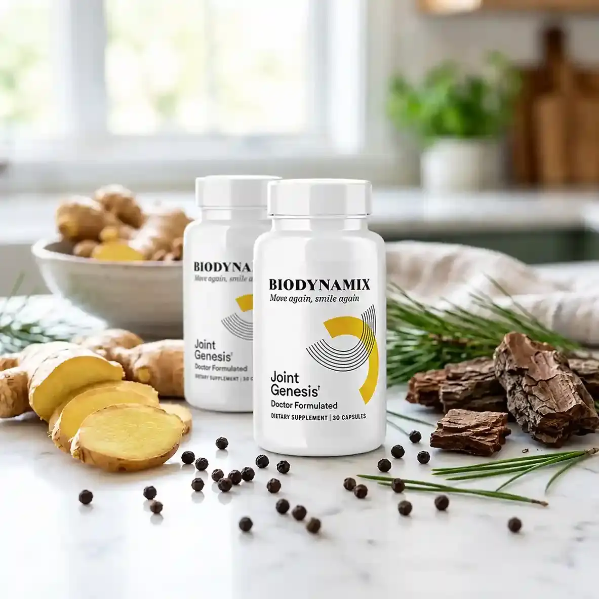 Joint Genesis supplement bottle with natural raw ingredients